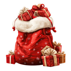 Illustration of Santa Claus bag with gifts isolated on transparent background.