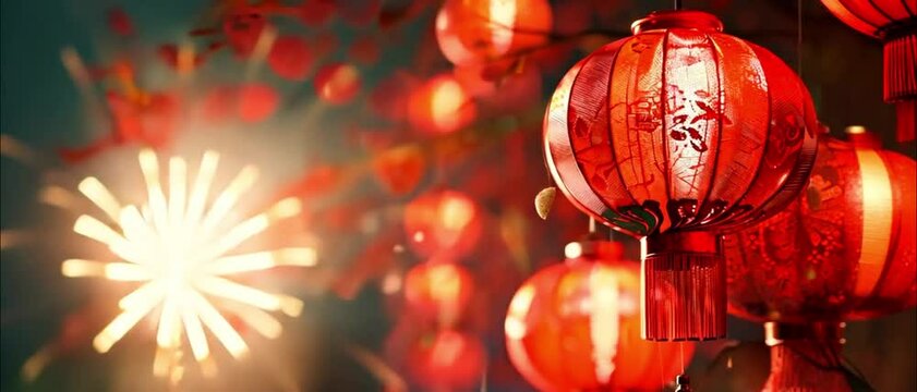 Chinese New Year Festival Background. Chinese New Year the Spring Festival and Japanese style particles, bokeh, and fireworks on a red background. Seamless loop 4k 2025