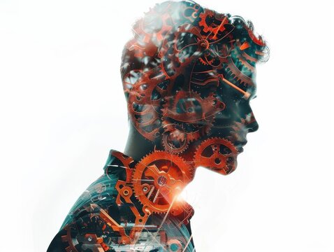 A creative double exposure of a person and mechanical gears, symbolizing the fusion of human thought and technology.