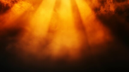 Dramatic golden sun rays through clouds, moody sky background with copy space