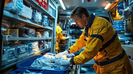Detailed view of EMS professionals administering care to a patient inside the ambulance truck. The image shows the medical staff working with precision and focus, their hands steady as they utilize