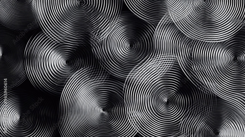 Poster intersecting circles creating a moire pattern in a monochrome 2d cartoon style illustration