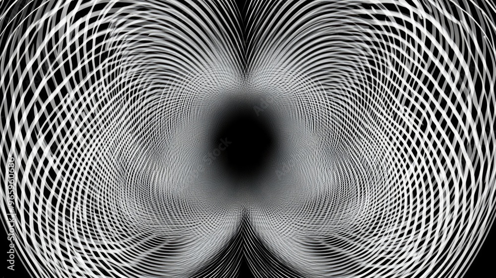 Poster intersecting circles creating a moire pattern in a monochrome 2d cartoon style illustration