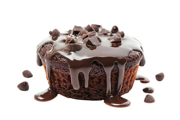 Chocolate muffin cake with melted chocolate on top isolated on transparent or white background, png