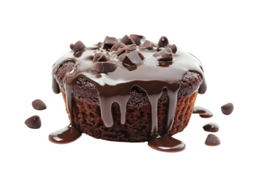 Chocolate muffin cake with melted chocolate on top isolated on transparent or white background, png