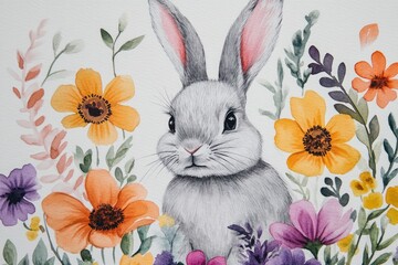 Obraz premium Watercolor illustration of a bunny surrounded by vibrant flowers