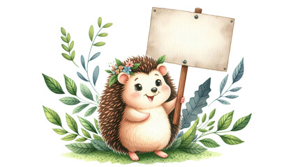 A friendly hedgehog with a flower crown holds a blank sign in a green forest setting, symbolizing nature, innocence, communication, opportunity, and a blank slate.