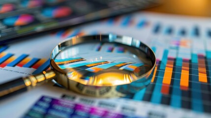 Obraz premium Close-up view of a magnifying glass over financial charts displaying colorful data trends and analytics for market analysis.
