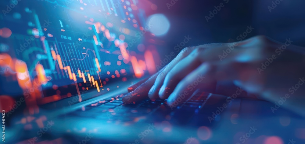 Poster A close-up view of a hand typing on a laptop keyboard with vibrant digital graphs in the background, representing data analysis.