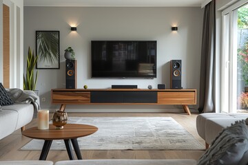 Black and wood TV stand with two doors in modern living room with white walls, carpet, sofa, lamps, and flat screen TV.