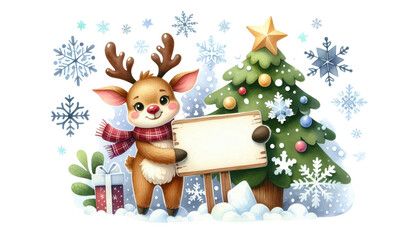 Naklejka premium A cheerful reindeer with a red scarf stands next to a decorated Christmas tree, holding a blank sign, surrounded by snowflakes.