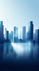 Obraz premium Abstract Urban Landscape: Reflective Glass Skyscrapers in Blue Hues. Modern Architectural Concept with Mirrored Floors and Blurred Business District Horizon. Aerial View for Graphic Design, Marketing 