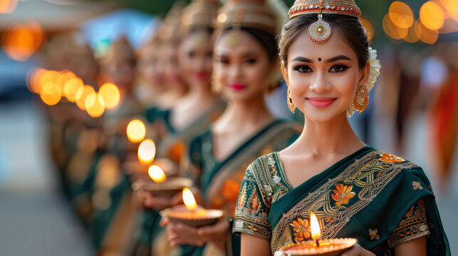 Apsara dancers carry candles and gracefully perform