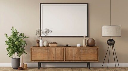 Stylish interior view featuring a wooden cabinet, decorative elements, and a floor lamp against a neutral wall.