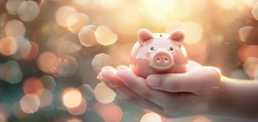Close-up of hands holding a piggy bank and savings documents, Photorealistic, Natural light, Digital painting, Clear text