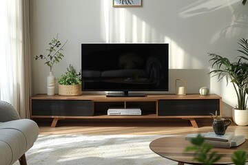 Black and wood TV stand with two doors in modern living room with white walls, carpet, sofa, lamps, and flat screen TV.