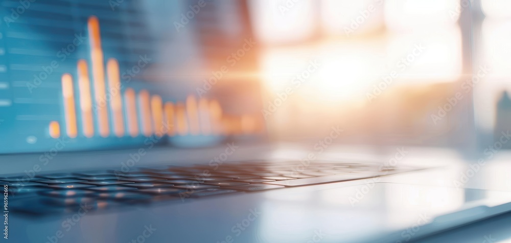 Poster A modern laptop with a data visualization screen, symbolizing technology, productivity, and business innovation in a bright environment.