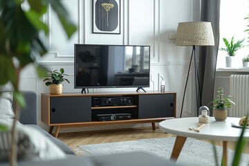 Black and wood TV stand with two doors in modern living room with white walls, carpet, sofa, lamps, and flat screen TV.
