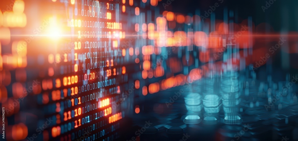 Poster A vibrant abstract digital backdrop featuring glowing data patterns and lights, ideal for technology and innovation themes.