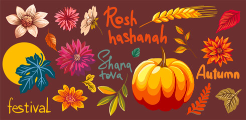 Obraz premium Hello Autumn!Harvest Festival!Set of isolated illustrations on the theme of autumn holidays,harvest.Vector illustration in autumn colors in a modern style on a colored background with handwritten text