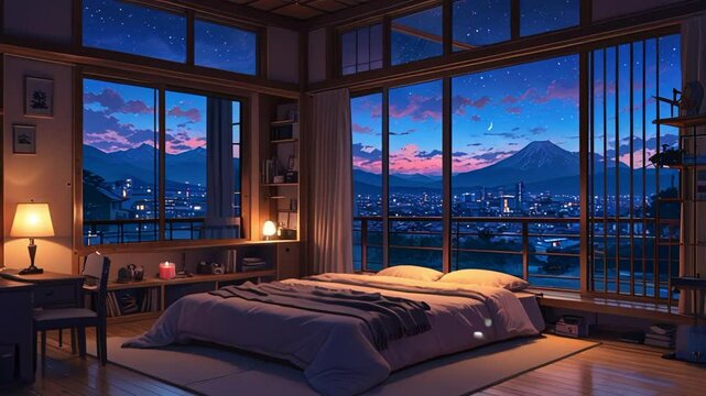 Japanese style bedroom at night, anime style. seamless looping 4k video background animation