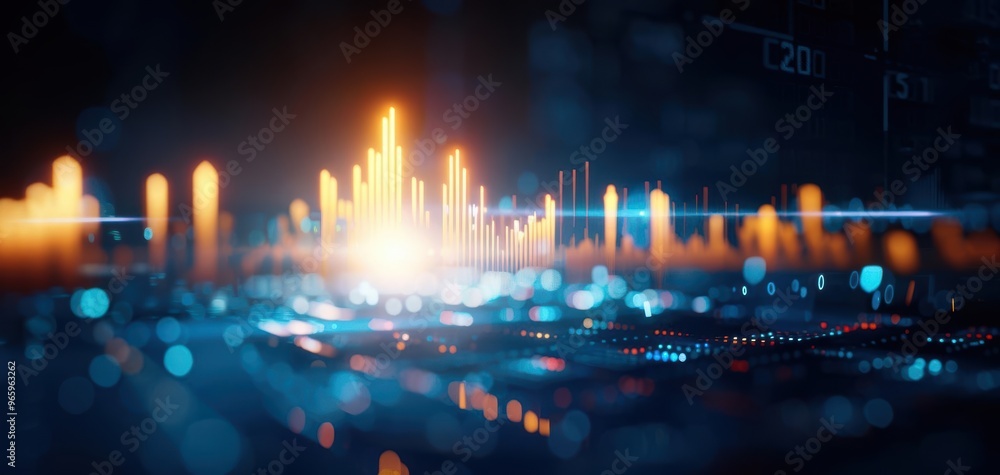 Poster Dynamic digital visualization of sound waves and data patterns in an abstract, futuristic setting.