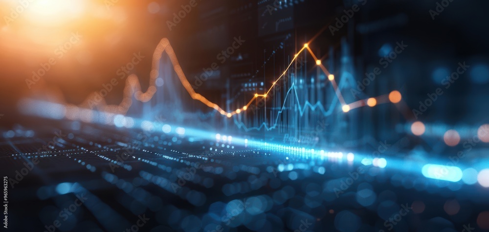 Poster Dynamic data visualization with vibrant lines representing growth and trends in a digital landscape, illuminated by soft light.