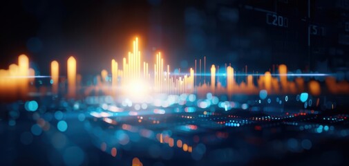 Fototapeta premium Dynamic digital visualization of sound waves and data patterns in an abstract, futuristic setting.
