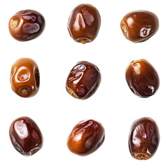 A collection of nine dates, arranged in a grid, against a black background. The dates are a deep brown color with a glossy finish.