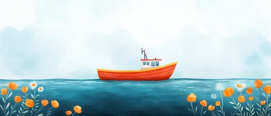 A vibrant boat floats peacefully on calm waters, surrounded by cheerful flowers and a gentle sky, evoking tranquility and adventure.