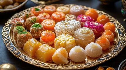 A vibrant platter of Indian sweets like jalebi, gulab jamun, and barfi, arranged on a decorative plate with gold accents
