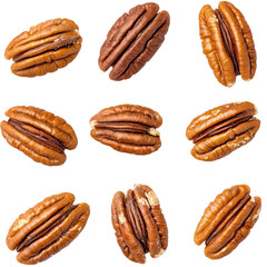 A collection of pecan nuts, arranged in a grid pattern, against a black background.