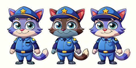 set of cartoon cat character in a security worker costume, white background