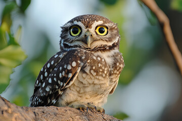 Obraz premium Owl with piercing eyes perched on a tree branch at dusk
