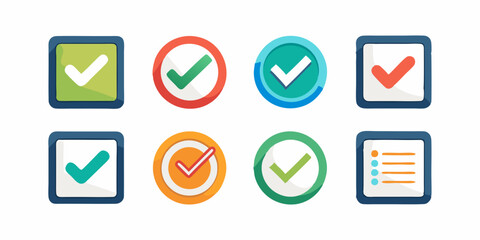 set of check point, checkmark, success completion icons, white background