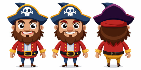 anime pirate character set, from different angles, white background
