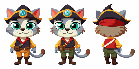 set of cartoon pirate cats, funny big expressive eyes,  white background