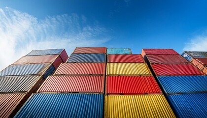 Colorful shipping containers stacked high against a blue sky.
