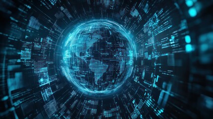 Obraz premium A Stunning Digital Representation of Our Planet Surrounded by Dynamic Data Streams and Glowing Network Lines in a Futuristic Atmosphere.