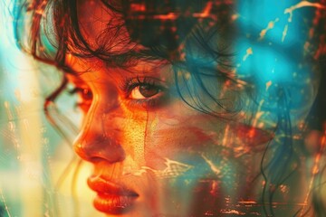 Fototapeta premium Close-up Portrait of Woman with Vibrant Abstract Light Effects