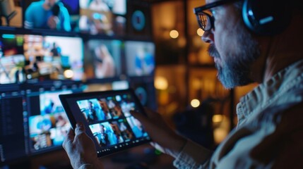 An engineer with headphones and a tablet monitors screens in a studio, overseeing a broadcast or live stream production.