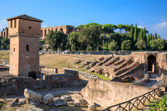 View of the Circus Maximus in Rome, Italy. The tower in the foreground is part of a medieval fortification