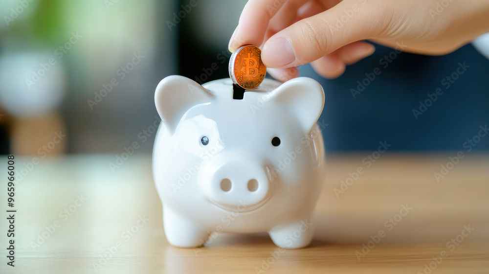 Poster A person putting a coin into the piggy bank, AI