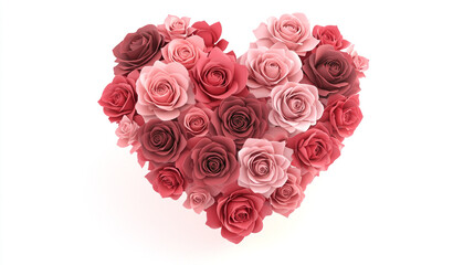 Pink and red roses arranged in the shape of a heart on a white background. A heart-shaped rose bouquet, a love concept.