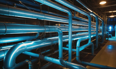 Blue pipes run through a building, highlighting the intricate network of systems that keep a structure functioning