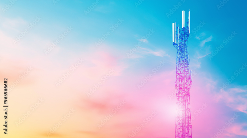 Poster signal tower or mobile phone tower with dayligth sky. telecommunication tower with 5g cellular netwo