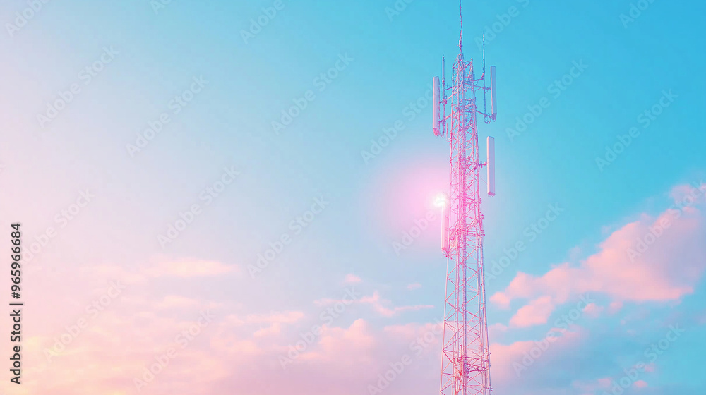 Poster signal tower or mobile phone tower with dayligth sky. telecommunication tower with 5g cellular netwo
