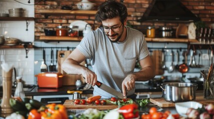 A man in glasses and a grey t-shirt cooks in a homely kitchen, chopping tomatoes and carrots. Bowls and pots hint at a diverse meal preparation.