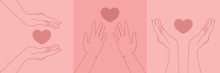 Set of Human hands holding a heart. Love and care emblem. Cupped hands outline. Vector illustration