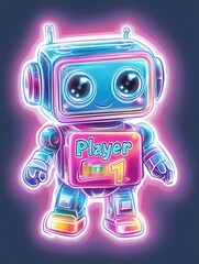 Fototapeta premium A cute robot with a neon glow, wearing a player one badge.